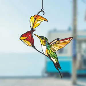 Exquisite stained glass hummingbird window hanging suncatcher, vibrant metal wall decor art.