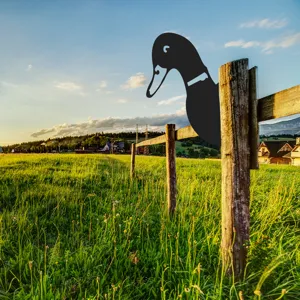 Metal duck silhouette garden stake, black iron fence ornament for outdoor yard decor.