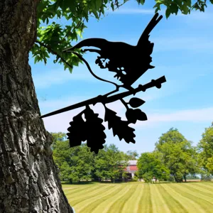 Metal bird tree silhouette garden art stake detail view outdoor yard decoration scenery view