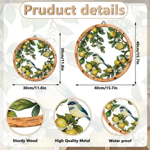Wooden metal wall hanging decor with bird and lemon design, round wall art for home room interior.