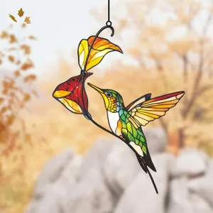 Stained Glass Hummingbird Autumn Leaves Hanging Window Ornament Metal Wall Decor Art Piece
