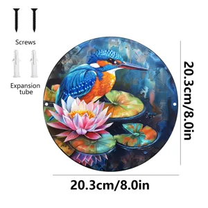 Placa colgante decorativa de metal redonda con diseño de martín pescador y loto tornillos 20.3cm