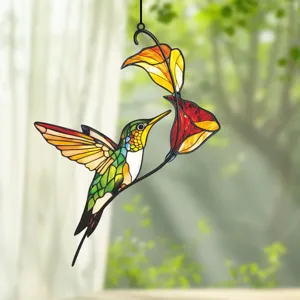 Stained glass hummingbird window hanging, vibrant double-sided metal craft decoration for home