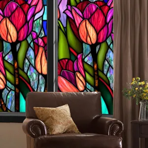 Stained glass window film with colorful tulip design, static cling PVC privacy sticker for home.