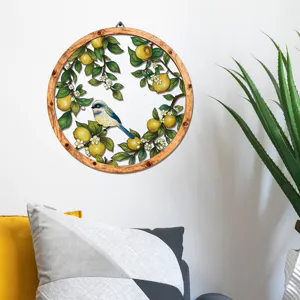 Round wooden metal wall hanging decor with lemon branch bird design for home room decor