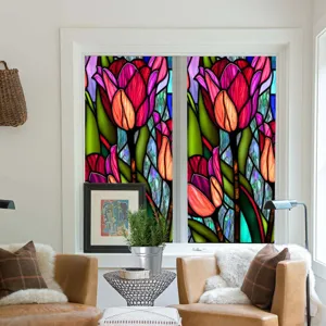 Detailed view of colorful tulip stained glass window film, static cling PVC film.