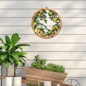 Wooden and iron round lemon blue bird wall hanging decoration showing detailed garden theme.
