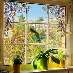 Stained glass floral window film static decorative privacy sticker for home window detail view