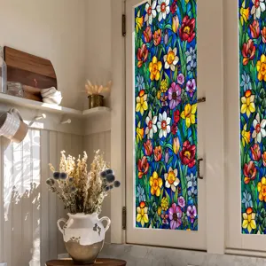 Stained glass floral window film decorative static cling flower glass sticker for home.