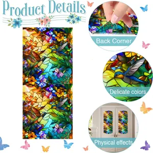 Stained glass window film with hummingbird and floral pattern for home privacy and sun protection.