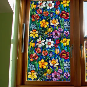 Stained glass static window sticker with vibrant floral pattern, colorful floral window film for home decor.