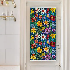 Decorative stained glass window film with vibrant floral pattern for privacy and home decor.