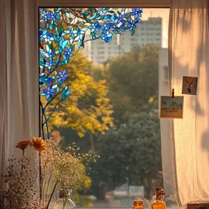 Blue floral stained glass window film detail shot, static privacy window sticker for home decor.
