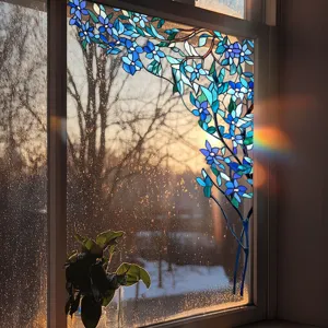 Static window film decorative stained glass sticker blue flower branch privacy window decal