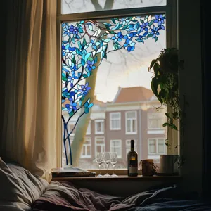 Decorative stained glass window film with blue floral pattern, static cling privacy film.