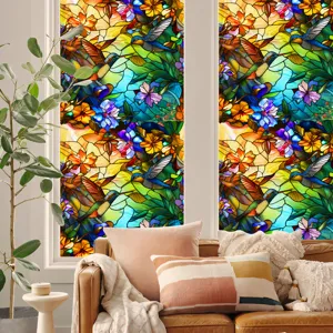 Colorful stained glass window film, hummingbird floral static cling privacy glass sticker.