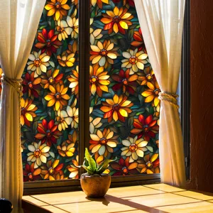 Stained glass window film floral pattern decorative static window sticker for home privacy.