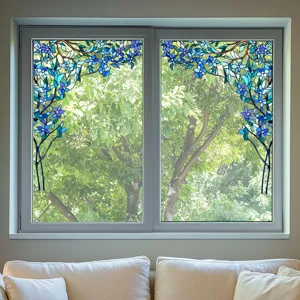 Decorative blue floral stained glass window film scene showing privacy glass film application.