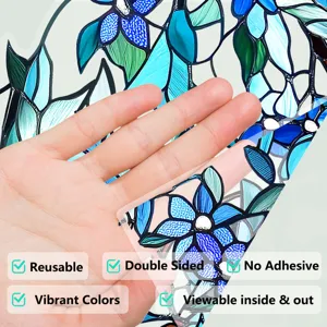 Blue floral stained glass window film detail showing no adhesive static cling design.