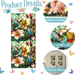 Stained glass window film with hummingbird and flowers, static cling decorative glass sticker.