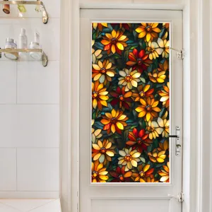 Stained glass window film with colorful floral pattern, static cling privacy door sticker.