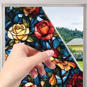 Stained glass window film with floral rose pattern, static cling decorative glass sticker detail.