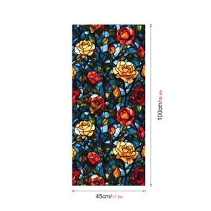 Stained glass window film with colorful rose flower pattern, 100x45cm decorative privacy film.