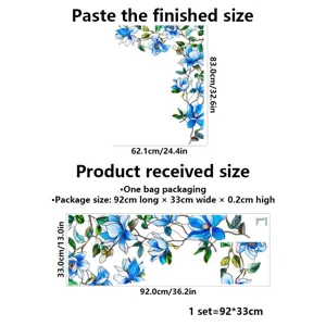 Blue magnolia floral static window film product size and layout specification detail image.