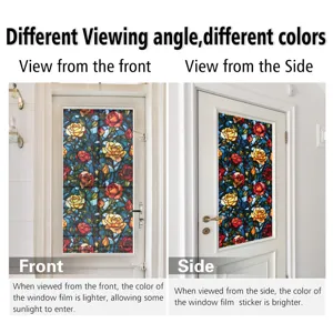 Stained glass window film with floral rose pattern, static cling privacy sticker for home.