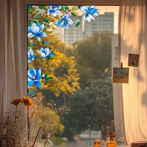 Detailed shot of blue floral stained glass window film, static cling privacy sticker for home decor.