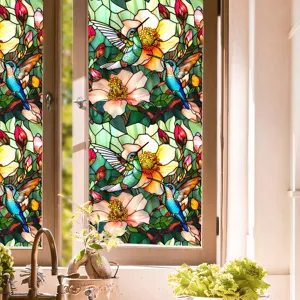 Stained glass window film hummingbird flower decorative privacy static cling sticker.