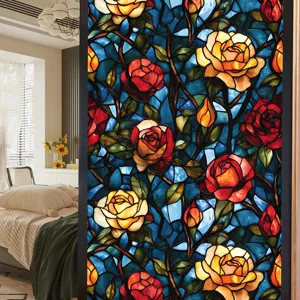 Decorative stained glass window film featuring colorful rose floral pattern and design.