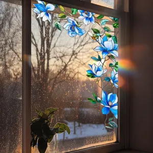 Blue magnolia stained glass window film, static cling floral privacy sticker for home decor.