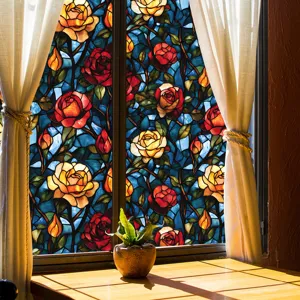 Stained glass window film with beautiful rose floral design for home privacy and decor detail.