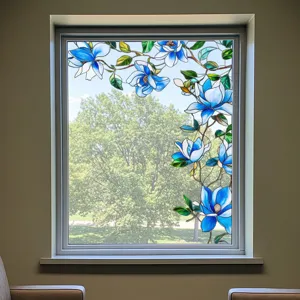 Stained glass window film blue magnolia floral decorative privacy glass film sticker