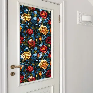 Stained glass window film with colorful rose floral pattern, perfect for home privacy decor.