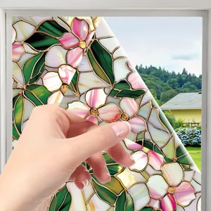Decorative stained glass window film, floral pattern static cling privacy film for home decor.