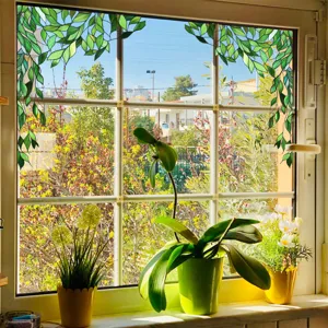 Decorative static green plant glass window film, stained glass privacy sticker for home decor.
