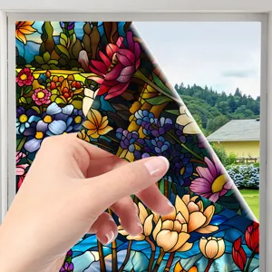 Stained glass window film detail showing floral pattern and peeling effect for privacy.
