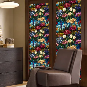 Colorful floral stained glass window film privacy decorative glass sticker for home.