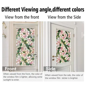 Stained glass window film detail showing floral pattern and front side view color shift effect.