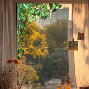 Stained glass green plant window film detail, decorative privacy sticker for home use.