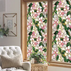 Detailed view of stained glass floral window film, static cling decorative glass sticker.