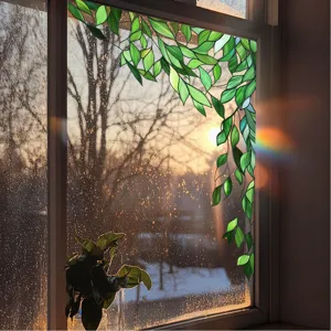 Static green plant glass window film, stained glass privacy sticker for home decor.