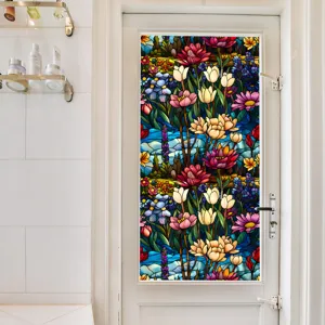 Stained glass window film, floral privacy window sticker for home decor and UV protection.