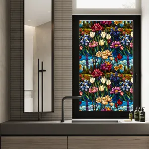 Colorful floral stained glass window film static cling privacy frosted glass sticker for home
