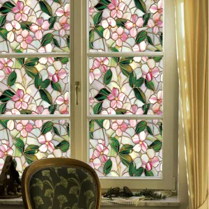 Stained glass window film static cling pink floral pattern privacy decorative sticker