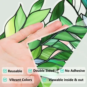 Detailed close-up of green plant stained glass window film, static cling privacy decal.