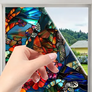 Stained glass window film with sea turtle and flower pattern, static cling privacy sticker for home.