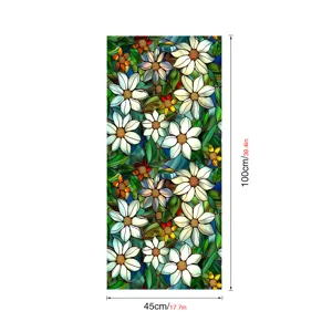 Decorative stained glass window film featuring elegant white flower and green leaf patterns.